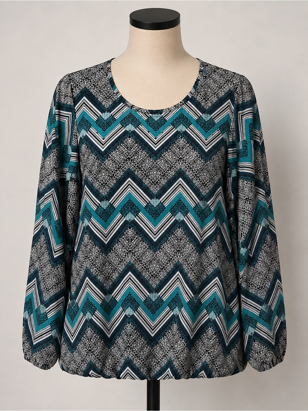 Alfani Teal, Navy & Black Geometric Print Blouse